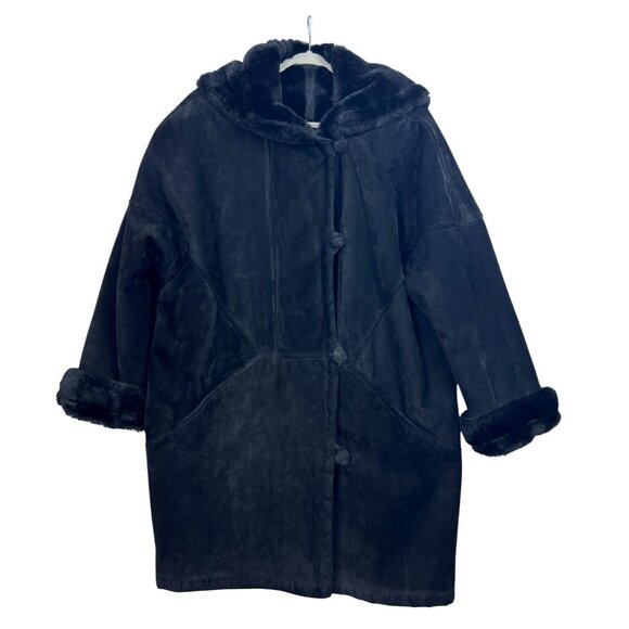 Vtg J.Percy Marvin Richards Women's M Black Suede Faux Fur Lined Coat Hooded 90s - Picture 14 of 14